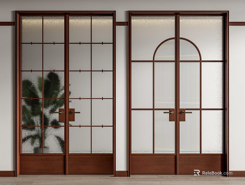 Double Doors Wooden Frame With Glass Panels Grid And Arch Designs Interior 3d model 