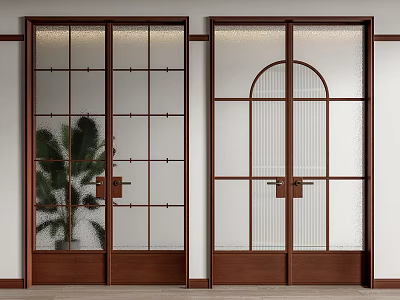Double Doors Wooden Frame With Glass Panels Grid And Arch Designs Interior 3d model
