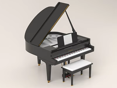 Elegant Black Grand Piano With Open Lid And White Cushioned Stool For Music 3d model