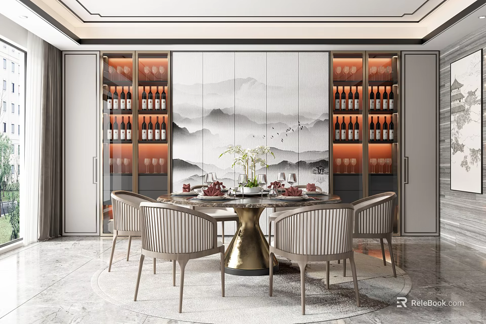 Elegant Restaurant Interior With Round Dining Table Chairs Wine Racks And Landscape Painting Backdrop 3d model 