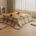 Cozy Wooden Floor Table With Plaid Tablecloth And Cushions By Window