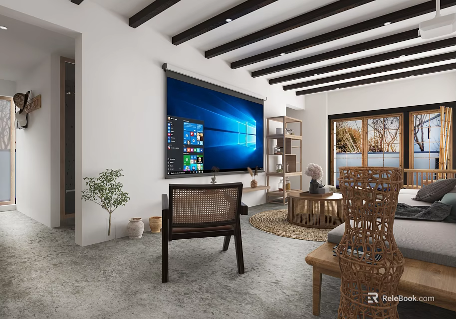 Living Room Interior With White Walls Large Screen TV Dark Beams And Wicker Furniture 3d model 