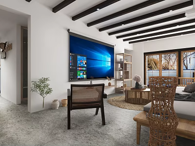 Living Room Interior With White Walls Large Screen TV Dark Beams And Wicker Furniture 3d model
