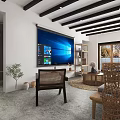 Living Room Interior With White Walls Large Screen TV Dark Beams And Wicker Furniture