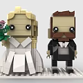 Brick Built Bride and Groom Figurine with Wedding Bouquet Black Tuxedo and Mustache