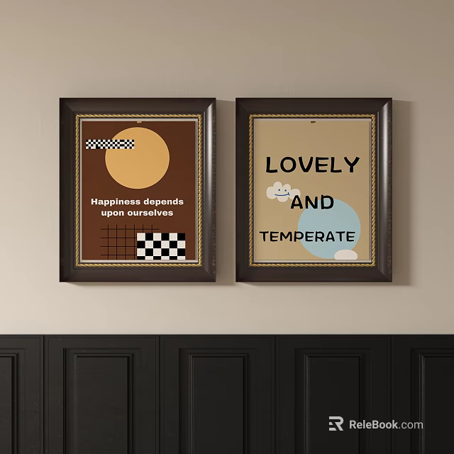 Modern Framed Wall Art With Happiness Quote Checkered Pattern And Lovely Temperate Cloud Design 3d model