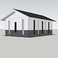 Small Single Story Building With White Dark Exterior Walls Blue Door And Sloped Roof