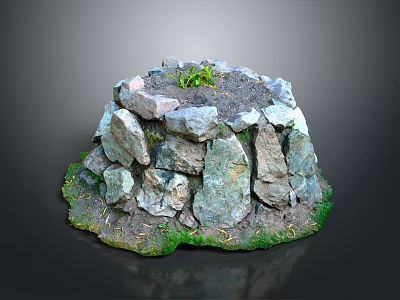 Natural Stone Pile Structure With Green Grass And Small Plant On Top 3d model