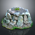Natural Stone Pile Structure With Green Grass And Small Plant On Top