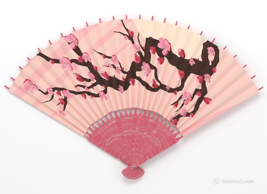 Pink Cherry Blossom Fan Hanging Decoration With Light Pink Frame And Floral Branch 3d model 