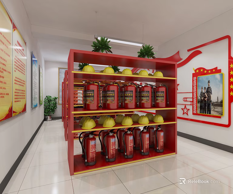 Red Fire Safety Storage Rack With Extinguishers Yellow Helmets And Wall Decor 3d model