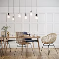Modern Wooden Dining Table Set With Rattan Chairs Blue Cushion White Paneled Wall Pendant Lights