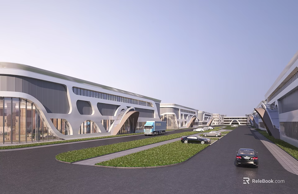 Modern Industrial Factory Exterior With Connected Buildings Green Areas Road And Logistics Vehicles 3d model 