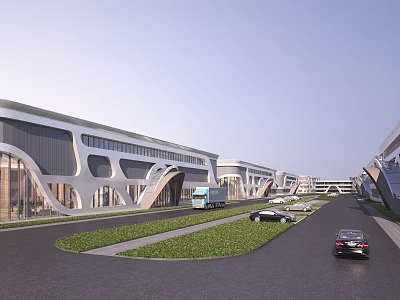 Modern Industrial Factory Exterior With Connected Buildings Green Areas Road And Logistics Vehicles 3d model