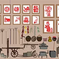Traditional Farmhouse Decor With Red Paper Cuttings And Vintage Tools On Wall