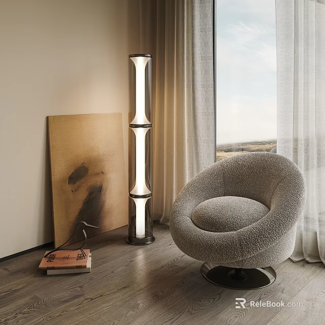 Modern Tall Floor Lamp In Cozy Living Space With Plush Armchair Abstract Painting And Curtained Window 3d model 