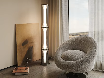 Modern Tall Floor Lamp In Cozy Living Space With Plush Armchair Abstract Painting And Curtained Window 3d model