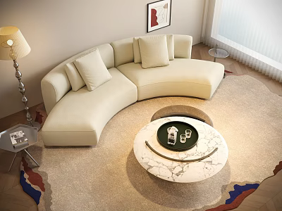 Curved Beige Sofa With Cushions And Round Marble Top Coffee Table Set In Modern Interior 3d model