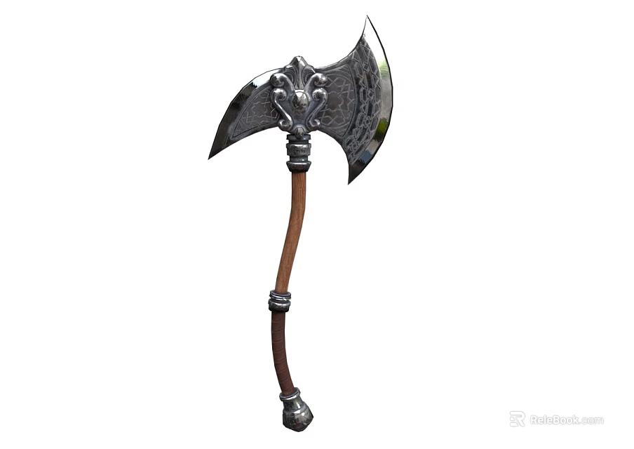 Ornate Axe Weapon With Detailed Metal Head And Brown Wooden Handle 3d model 