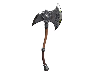 Ornate Axe Weapon With Detailed Metal Head And Brown Wooden Handle 3d model