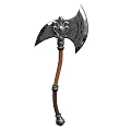 Ornate Axe Weapon With Detailed Metal Head And Brown Wooden Handle