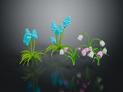 Vibrant Garden Plants with Blue White Pink Flowers and Green Leaves 3d model