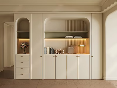 Modern Elegant Sideboard Design With White Cabinets Drawers Open Shelves Books Decorations And Lighting 3d model