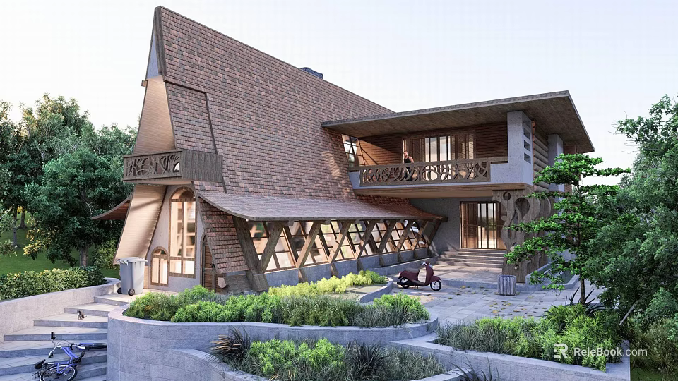 Detached Villa with Unique Gabled Roof Wooden Exterior Geometric Windows Balcony and Garden 3d model 