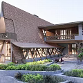 Detached Villa with Unique Gabled Roof Wooden Exterior Geometric Windows Balcony and Garden
