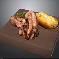 Roasted Pork Ribs and Golden Potato with Fresh Green Garnish on Wooden Board