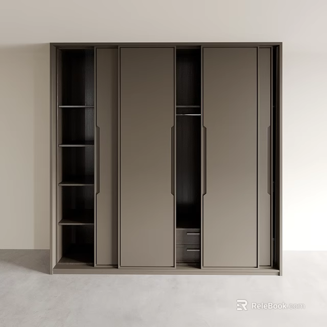 Modern Wardrobe With Multiple Doors Open Shelves And Drawers In Neutral Color 3d model 