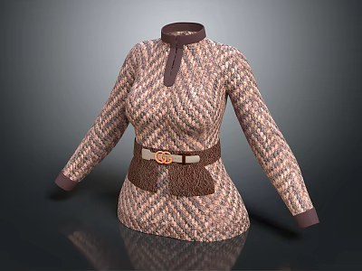 Elegant High Neck Knitted Sweater With Woven Pattern Brown Belt Gold Buckle Pockets 3d model