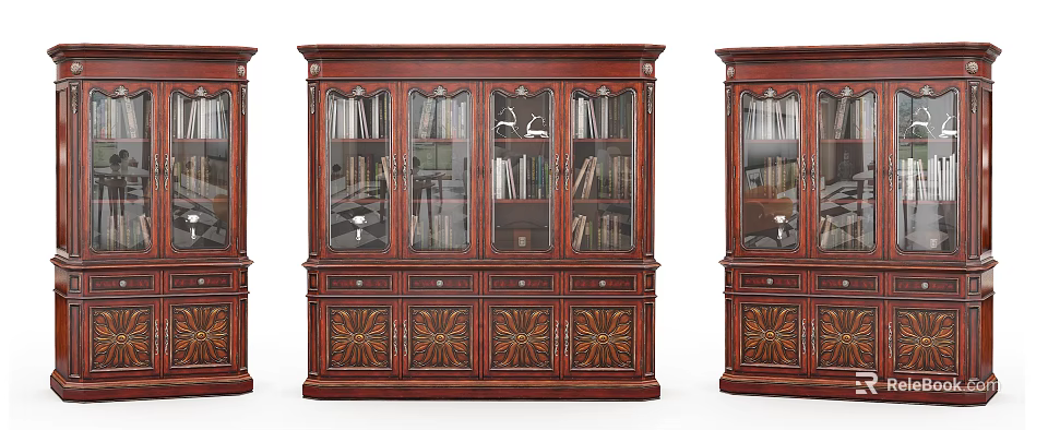 Elegant Traditional Wooden Bookcase With Carved Details Glass Doors Drawers And Books Inside 3d model 