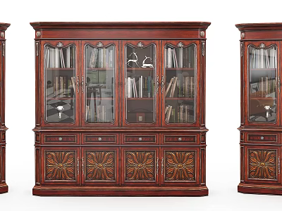 Elegant Traditional Wooden Bookcase With Carved Details Glass Doors Drawers And Books Inside 3d model