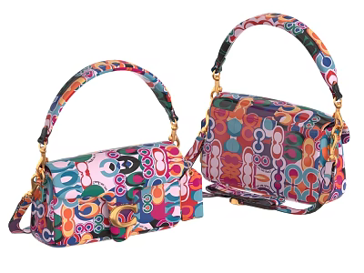 Colorful Printed Handbags With Vibrant Circular Patterns And Golden Top Handles 3d model