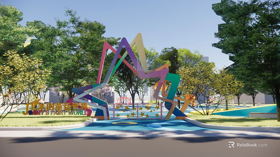 Outdoor Children's Play Area With Colorful Geometric Structures Surrounded By Green Trees 3d model 