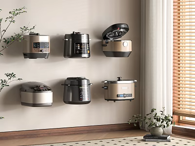 Neatly Arranged Wall Mounted Kitchen Appliances In Modern Kitchen Featuring Rice Cookers And Pressure Cookers 3d model