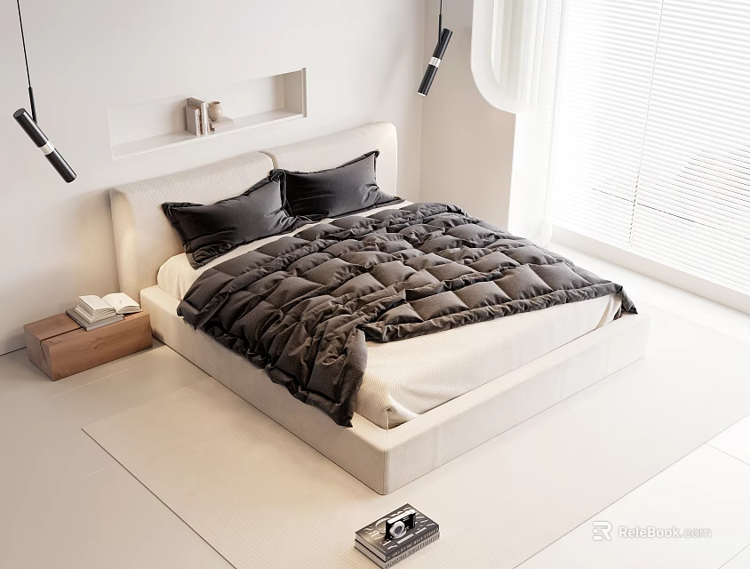 Modern Double Bed With White Frame Black Bedding In Minimalist Bedroom Interior 3d model 