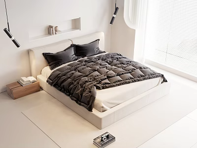Modern Double Bed With White Frame Black Bedding In Minimalist Bedroom Interior 3d model