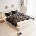 Modern Double Bed With White Frame Black Bedding In Minimalist Bedroom Interior