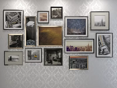Framed Landscape Paintings On Patterned Wall With Multiple Art Frames 3d model