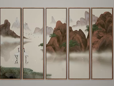 Traditional Chinese Landscape Painting On Multiple Screen Panels With Misty Mountains Cranes And Green Vegetation 3d model