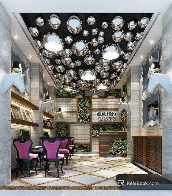 Mall Store Interior With Silver Spherical Lights Pink Chairs Green Plant Wall And New York Sign 3d model 