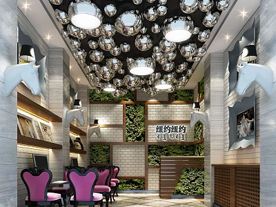 Mall Store Interior With Silver Spherical Lights Pink Chairs Green Plant Wall And New York Sign 3d model