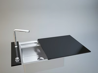 Stainless Steel Kitchen Sink with Modern Faucet and Black Countertop Cover 3d model