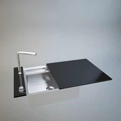 Stainless Steel Kitchen Sink with Modern Faucet and Black Countertop Cover 3d model