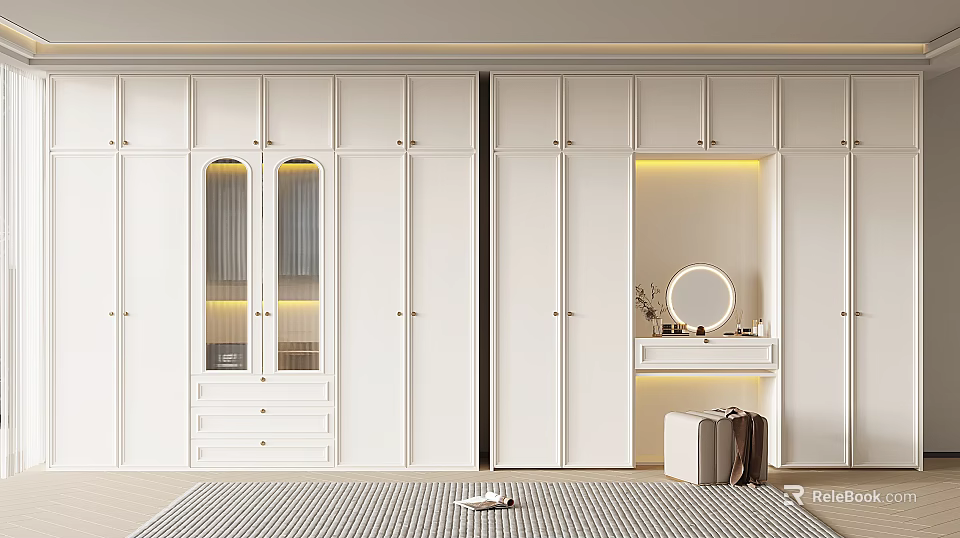 White Modern Wardrobe Interior With Glass Doors LED Lighting And Dressing Table Round Mirror 3d model 