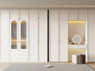 White Modern Wardrobe Interior With Glass Doors LED Lighting And Dressing Table Round Mirror 3d model