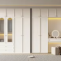 White Modern Wardrobe Interior With Glass Doors LED Lighting And Dressing Table Round Mirror