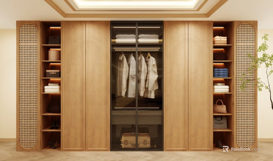 Modern Wooden Wardrobe With Glass Doors Hanging Clothes And Storage Shelves 3d model 
